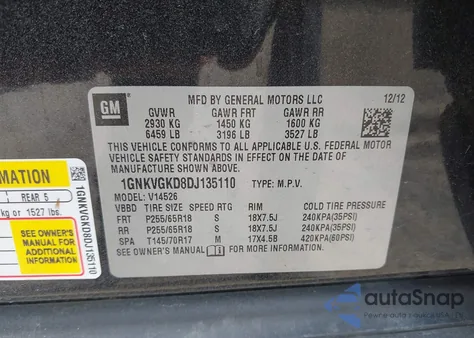 2013 Chevrolet Traverse 1Lt z USA, uszkodzony, nr VIN 1GNKVGKD8DJ135110